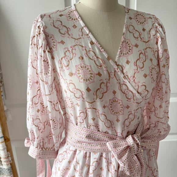 Bell by Alicia Bell Lucy Pink Gold Motif White Puff Sleeves Wrap Mini Dress XS - Picture 5 of 16